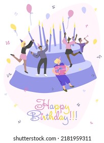 Happy birthday vector greeting card. Cartoon cake with candles for paper design.