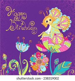 Happy Birthday vector greeting card with cute  fairy and doodle  flowers.