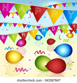 Happy Birthday vector greeting card with colorful flags, ribbons and balloons.