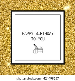 Happy Birthday vector greeting card with with golden glittering background, line icons and text in frame. Design template
