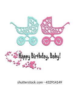 Happy birthday. Vector greeting card with stroller for the baby.