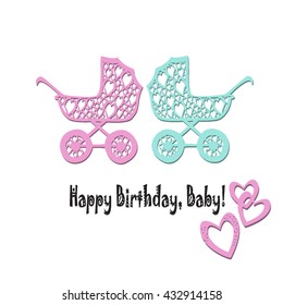 Happy birthday. Vector greeting card with stroller for the baby.