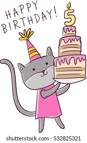 Happy birthday vector greeting card. Cute cat with cake