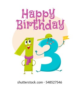 Happy birthday vector greeting card, poster, banner design with cute and funny thirteen number characters. thirteen smiling characters, happy birthday greeting card template