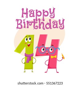 Happy birthday vector greeting card, poster, banner design with cute and funny fourteen number characters. fourteen smiling characters, happy birthday greeting card template