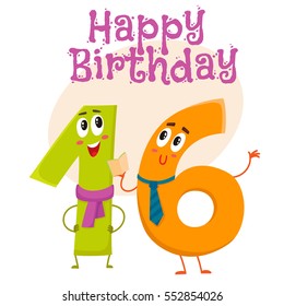 Happy birthday vector greeting card, poster, banner design with cute and funny sixteen number characters. sixteen smiling characters, happy birthday greeting card template