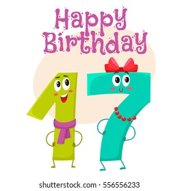 Happy birthday vector greeting card, poster, banner design with cute and funny seventeen number characters. seventeen smiling characters, happy birthday greeting card template