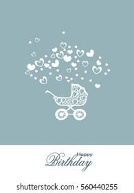 Happy birthday. Vector greeting card with stroller for the baby.