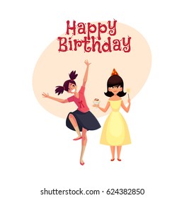 Happy birthday vector greeting card, poster, banner design with Birthday girl with ice cream and magic wand and her friend dancing at party. Happy girls having fun at birthday party