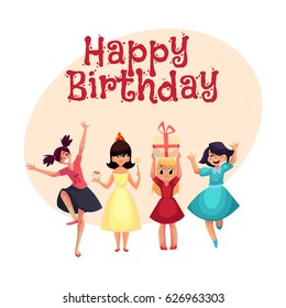 Happy birthday vector greeting card, poster, banner design with Four various girls in colorful dresses having fun at birthday party. Set of girls, kids, children celebrating birthday, having fun,