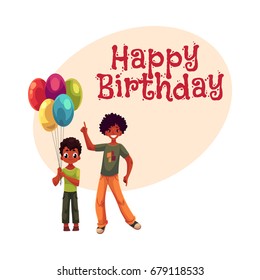 Happy Birthday Vector Greeting Card, Poster, Banner Design With Preschooler And Teenage Black, African American Boys, Brothers With Balloons. Two Black Kids At Birthday Party, Little And Teenager