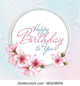 Happy Birthday vector greeting card with pink apricot flowers, round frame, text. Tree blossom vector. Holiday circle border, birthday banner, poster with tender flowers and buds
