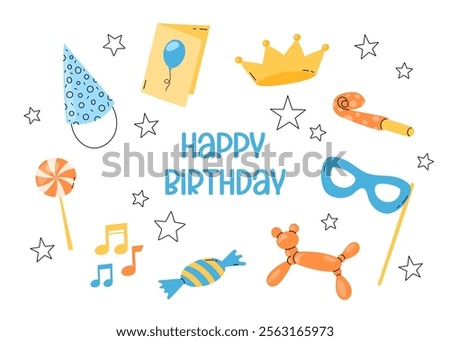 Happy Birthday vector greeting card. Horizontal illustration. Cute fun elements. Funny flat colorful hand drawn kid bday card design. 
