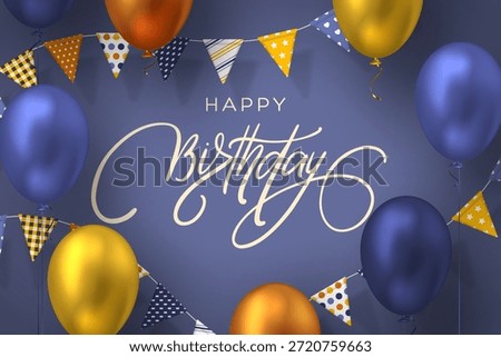 Happy Birthday vector greeting card with handwritten calligraphy and realistic blue and gold balloons. Festive celebration background with flags and garland for party invitations and banners.