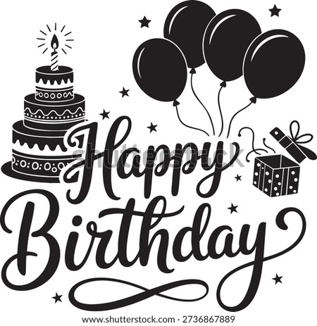 Happy Birthday Vector Greeting Card Featuring a Layered Cake With Candle Floating Balloons and a Polka Dot Gift Box Silhouette