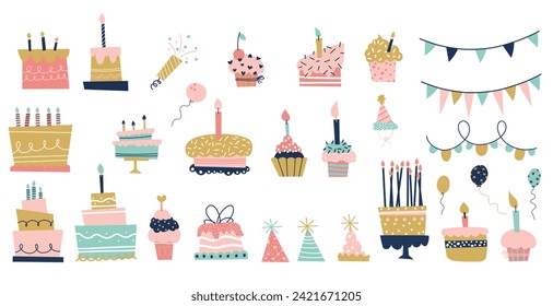 Feliz cumpleaños vectorial saludo colección de doodle para decoración, postal, vela, pastel, fiesta.