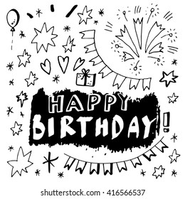 Happy Birthday! Vector hand-drawn Happy Birthday card with confetti, flags, gift box, balloon, stars. Isolated on white background. Hand lettering, vector