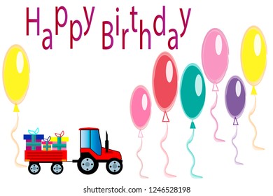 happy birthday vector icon for greeting card and poster with balloon,gift box and tractor