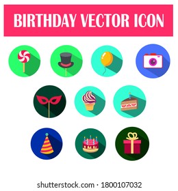 Happy birthday vector icon/sign. Vector icon set with candy/lollipop, hat, balloon, camera, ice cream, cake, cup cake, birthday cap/hat, gift/present.