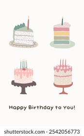 Happy birthday vector illustration for card. Birthday card with cakes, candles and balloon illustration. Birthday balloons illustration. Balloon Happy Birthday celebration card banner template.
