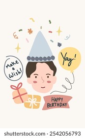 Happy birthday vector illustration for card. Birthday card with cakes, candles and balloon illustration. Birthday balloons illustration. Balloon Happy Birthday celebration card banner template.