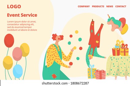 Happy Birthday vector illustration. Cartoon flat interface website design for event management service company, holiday agency with clown characters showing party performance, gift boxes, balloons