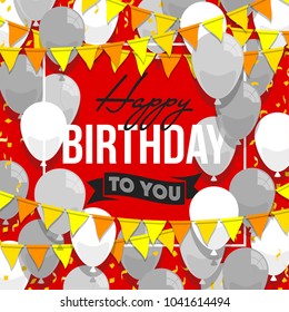 Happy birthday vector illustration. Colorful flat design style banner. Confetti flags and balloons on a red background. Bright vector anniversary celebration banner. Greeting card for the birthday man