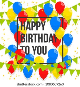 Happy birthday vector illustration. Colorful flat design style banner. Confetti flags and balloons with white background. Bright vector anniversary celebration banner. Greeting card for birthday man