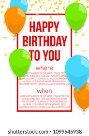 Happy birthday vector illustration. Colorful flat design style banner. Confetti flags and balloons with white background. Bright vector anniversary celebration banner. Greeting card for birthday man