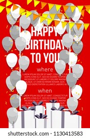 Happy birthday vector illustration. Colorful flat design style banner. Confetti flags and balloons on a red background. Bright vector anniversary celebration banner. Greeting card for the birthday man