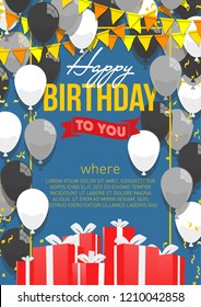 Happy birthday vector illustration. Colorful flat design style banner. Confetti, flags and balloons. Bright vector anniversary celebration banner. Greeting card for the birthday man.
