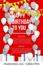 Happy birthday vector illustration. Colorful flat design style banner. Confetti flags and balloons on a red background. Bright vector anniversary celebration banner. Greeting card for the birthday man