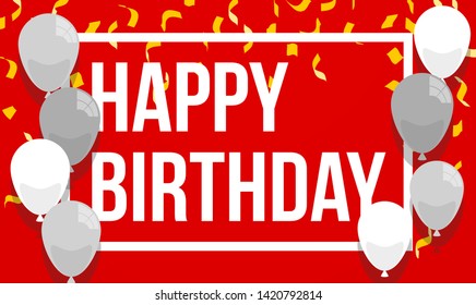 Happy birthday vector illustration. Colorful flat design style banner. Confetti flags and balloons on a red background. Bright vector anniversary celebration banner. Greeting card for the birthday man