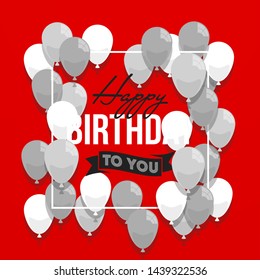 Happy birthday vector illustration. Colorful flat design style banner. Confetti flags and balloons on a red background. Bright vector anniversary celebration banner. Greeting card for the birthday man