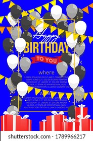 Happy birthday vector illustration. Colorful flat design style banner. Confetti, flags and balloons. Bright vector anniversary celebration banner. Greeting card for the birthday man.