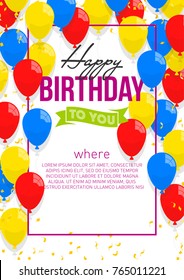 Happy birthday vector illustration. Colorful flat design style banner. Confetti flags and balloons with white background. Bright vector anniversary celebration banner. Greeting card for birthday man