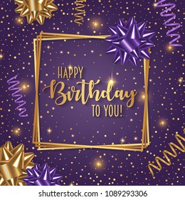 Happy birthday vector illustration with confetti, bow and ribbons