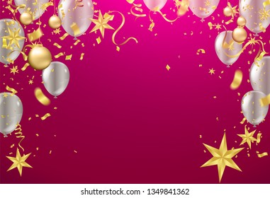 Happy birthday vector illustration. Confetti and ribbons gold orange balloon, confetti, design template for birthday celebration. art
