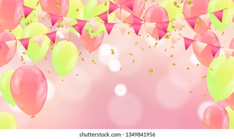 Happy birthday vector illustration. Confetti and ribbons gold orange balloon, confetti, design template for birthday celebration. art