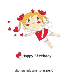 Happy Birthday.  Vector illustration with cute little fairy and hearts.