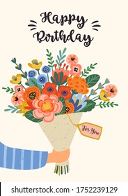 Happy Birthday. Vector illustration of cute bouquet of flowers. Design template for card, poster, flyer, banner and other use 