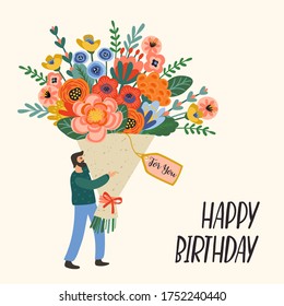 Happy Birthday. Vector Illustration Of Cute Man With Bouquet Of Flowers. Design Template For Card, Poster, Flyer, Banner And Other Use