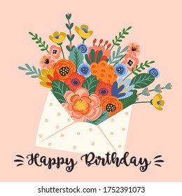 Happy Birthday. Vector Illustration Of Cute Bouquet Of Flowers In Envelope. Design Template For Card, Poster, Flyer, Banner And Other Use