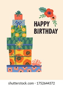 Happy Birthday. Vector illustration of cute gift boxes. Design template for card, poster, flyer, banner and other use