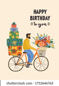 Happy Birthday. Vector illustration of cute man on a bicycle with bouquet and gift boxes. Design template for card, poster, flyer, banner and other use