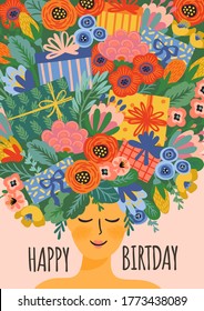 Happy Birthday. Vector illustration of cute lady with bouquet of flowers and gift boxes on head. Design template for card, poster, flyer, banner and other use