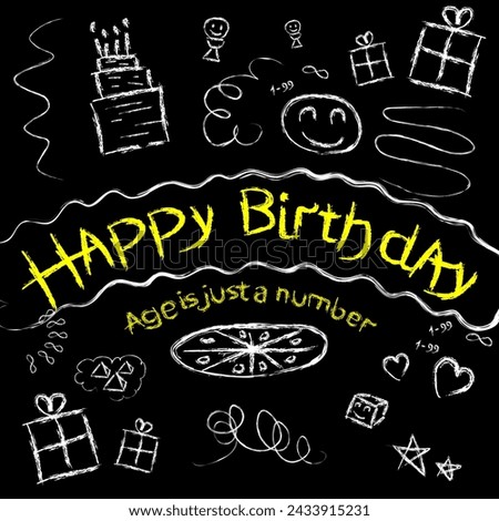 Happy Birthday. Vector illustration. Doodle style. Hand drawn style. Black and white background. Colored. Pink Yellow. Green. Blue