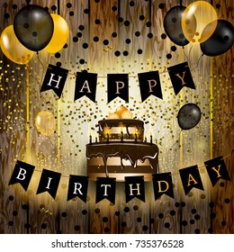 Happy birthday vector illustration - Gold foil confetti and black and shiny gold balls with cake on a wooden background.
