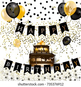 Happy birthday vector illustration - Gold foil confetti and black and shiny gold balls with cake on a white background. Vector illustration. EPS 10. 