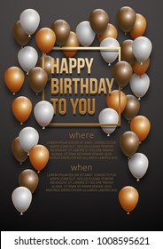 Happy birthday vector illustration - Golden foil confetti and white and gold balloons With a black background. Bright vector anniversary celebration banner. Greeting card for the birthday man.